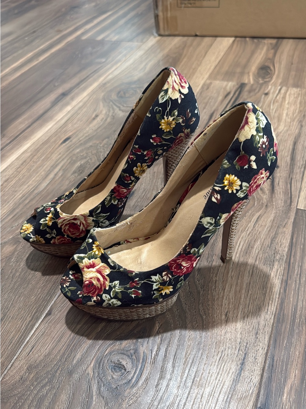 Love Culture Black Floral Peep-Toe Platform Heels